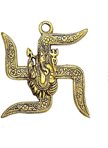 RABARIKAA Ornate Ganesha Figurine   Antique Golden Finish   Intricate Floral Carvings   20 cm