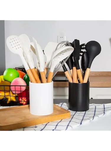 10 pcs wooden handle silicone, kitchen utensils set with stainless steel storage container,kitchen utensils set, silicone cooking utensil sets,black silicone cooking tools, spatula set silicone