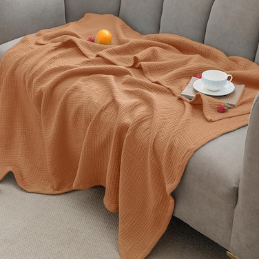 100% Cotton Muslin Blanket Queen Size (230cm x 230cm), 4-Layer Lightweight and Breathable Blanket for Summer, Luxuriously Soft Gauze Bedding for Bed, Natural Minimalism Style, Ideal Gift, Caramel