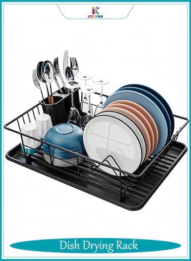Dish Drying Rack, Dish Drainer, Kitchen Sink Organizer, Rustproof Stainless Steel Dish Rack with Utensil Holder, Space Saving Kitchen Storage Rack, Black