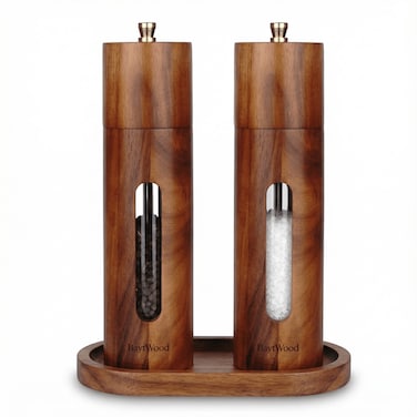 Acacia Wood Salt & Pepper Grinder Set with Tray