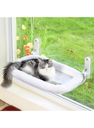 Zakkart Foldable Cat Hammock for Window - Cordless, Embeded Machine Washable Bed, Robust Metal Frame - Cat Window Perch for Large Cats and Kittens (White Bolster Bed, Medium)