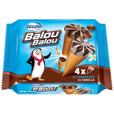 Igloo Balou Balou Chocolate and Vanilla Ice Cream Cone, 120ml Pack of 4