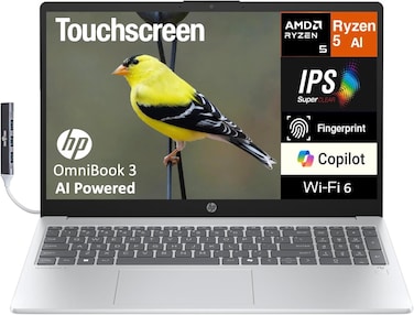 HP OmniBook 3 Copilot+ Laptop (Next Gen Pavilion) 15.6" Touch FHD Display (AMD Ryzen AI 5 330 (> Snapdragon X), 16GB DDR5, 512GB SSD, Radeon 820M, Fingerprint, Win 11 Pro) w/DKZ USB Port Expander
