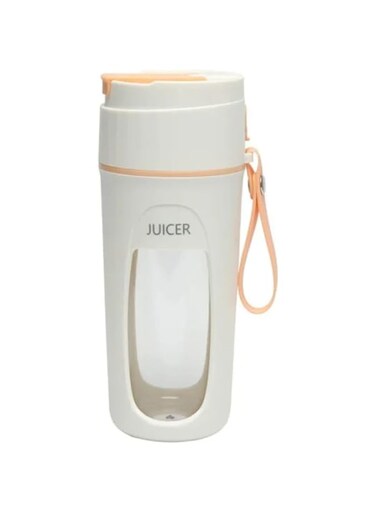 Portable Electric Juicer Cup with Carry Strap, USB Rechargeable Portable Fruit Juicer Blender and Mixer for Outdoor, gym, Use for Busy On-the-Go Lifestyles White and Peach, Glass Window.