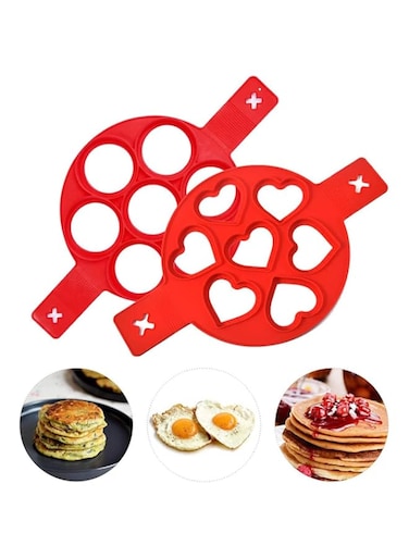 KASTWAVE Omelette Mold, Pancake Mold Ring, 2 Silicone Pancake Molds; 7 Holes Heart Reusable Silicone Non-Stick Pancake Tool Egg Ring for Egg Maker, Makes Right Shape (Red)