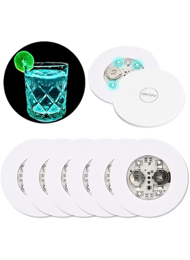 Jinlaili Pack of 6 LED Coaster LED Stickers 7 Light Colours Self-Adhesive Light Stickers Luminous Coaster with 4 SMD LED Batteries LED Bar Coaster Bottle Lighting for Under LED for Party