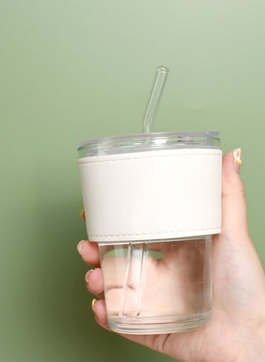 Heat Resistant Glass Mug with Leather white