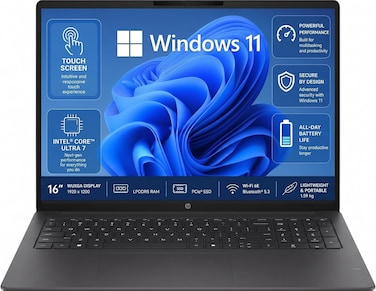 HP OmniBook 3 16-BU0007DX 16" 2K Touchscreen Laptop, Intel Core Ultra 7 255U (2025), PCIe SSD, 1920 x 1200 IPS Display, Wi-Fi, Windows 11, MS Office, Mica Silver (16GB RAM + 512GB SSD)

