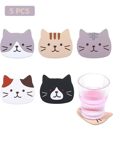 5 Pcs Funny Cartoon Animals Coasters, Silicone Non Slip Hot Pads, Coffee Drink Cup Mat for Furniture Tabletop Protection