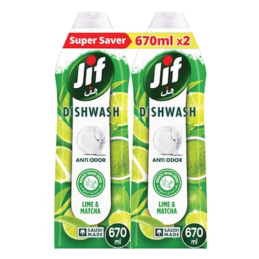 JIF Anti Odor Dishwashing Liquid,  Lime &amp; Matcha Tea, 670ml Pack of 2