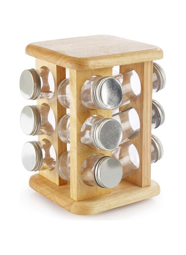 Billi GW-008/12AL 12 Pieces Spice Bottle with Aluminium Lid and Rotating Wooden Stand, Multi-Colour, W 15.0 x H 22.5 x D 15.0 cm, Wooden/Glass