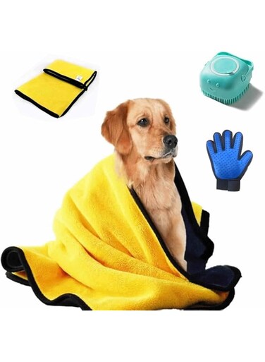 Wicofen Dog Bath Brush Kit,Pets Bath Grooming Supplies,Super Absorbent Pet Dog and Cat Microfiber Drying Towel,Pet Bath Towel With Dog Lick Mat and Dog Shampoo Massage Dispenser Shower (3pcs)