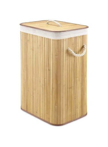 NC Laundry Hamper with Lid Bamboo Dirty Clothes Storage Basket with Rope Handle and Removable Liner Rectangle Laundry Hamper Bin for Bathroom Bedroom Living Room Corner