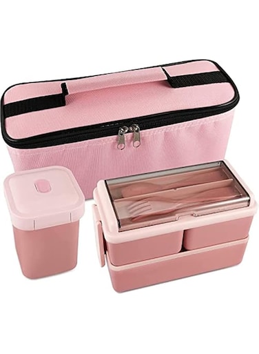 Bento Box For Kids, Insulated 2 Layer Lunch Box For Adults, Plastic Food Storage Container, Small Multi Compartment Box Snacks For School Girls Boys, Men Women Office work (Pink)