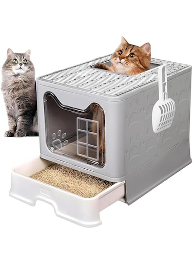 Yoawllty Cat Litter Box, Cat Toilet with Litter Cleaning Scoop, Foldable Enclosed Splash-Proof L Cat Litter Box, Easy to Installation and Clean, Kitten Potty Training