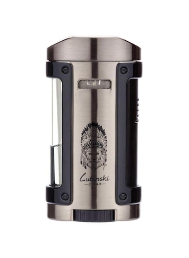 LUBINSKI Cigar Lighter, Windproof Quadruple 4 Torch Jet Lighter, Blue Flame Butane Gas Torch, Leather Case, Black