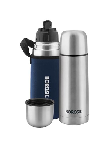 Borosil Stainless Steel Hydra Thermo Double Wall Copper Coated Inner Vacuum Insulated Flask with Blue Jacket  Water Bottle Thermos Sports Bottle Yoga Bottle Outdoor Reusable Leak Proof 350 ml