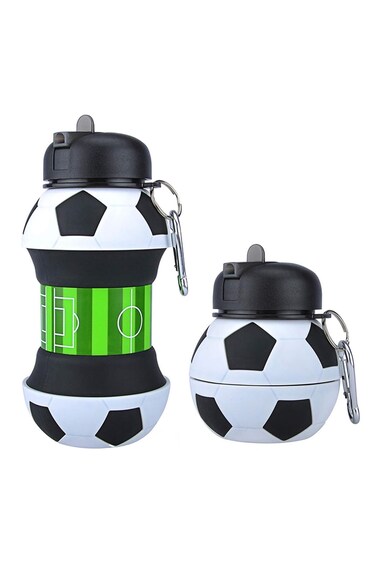 Collapsible 500ml Water Bottle Soccer Clip-On Silicone Foldable Tumbler for Kids, Portable Flexible Water Cup with Carabiner, BPA Free Leak Proof for Travel Camping Hiking Sport