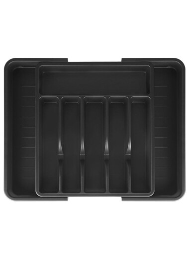 Cutlery Drawer Organizer, Plastic Silverware Tray for Kitchen, Adjustable Flatware with 8 Compartments, Non-Slip Utensil for Knives Spoons Forks, Fits Most Drawers, Black