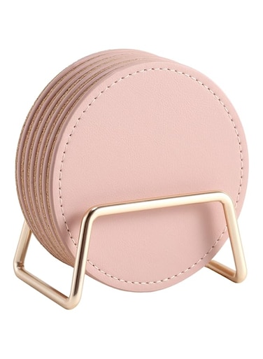 CASEGRACE Drink Coasters with Metal Holder Stand Set of 6, PU Leather Coasters with Cork Base Table Coaster Set Decorative Coffee Cup Coasters Housewarming Gift for Home Decor, Pink