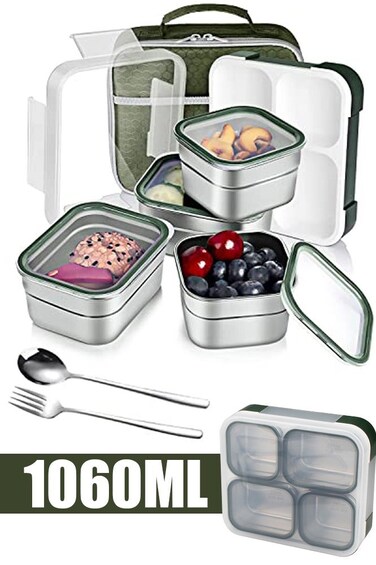 Lunch Box for School 1060ml Stainless Steel Leak-Proof Lunch Box 5 Grids Food Container Lunch Box Bring Lunch Bag Cutlery Spoon Fork Bento Box for Kids and Adults-Food Safe Materials (Green 1060ml)