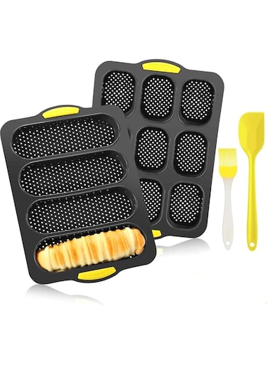 Set of 4 Silicone Baguette Pan with Brush Spatula, 9 and 4 Wave Perforated Baguette Baking Tray Nonstick French Bread Pans for Baking Oven Bake Mold Toaster Pan for Loaf Hot Dog