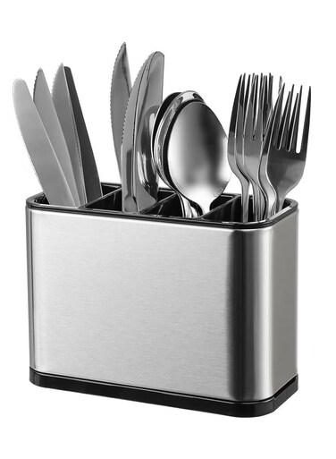 4 Compartments Large Stainless Steel Utensil Holder   Rust-Proof Kitchen Caddy with Anti -Skid Feet &amp; Drain Holes   Cutlery Organizer for Spoons   Forks, Knives   Chopsticks   Countertop Storage Stand