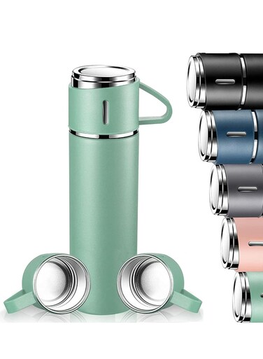 500ml Stainless Steel Vacuum Thermos Flask with Silicone Handle &acirc;&euro;&ldquo; Insulated Water Bottle with 2 Stainless Steel Cups Set for Hot &amp; Cold Outdoor Travel   Gift Box (2 PACK, GREEN) &acirc;&euro;&ldquo; Ideal for Hiking, Camping, and Travel