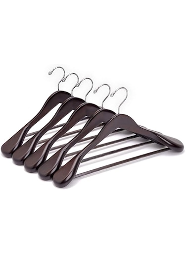 Amber Home 5 Pack Walnut Wide Shoulder Wooden Suit Coat Hangers with Non Slip Pants Bar, Solid Wood Jacket Clothes Hangers Smooth Finish for Dress, Pants, Heavy Clothes (Walnut, 5 Pack)&hellip;