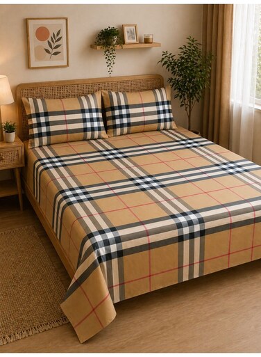 3-Piece Flat Bedsheet Set, Tartan Plaid / Check Pattern, 100% Cotton, 125 GSM, 1 Flat Sheet + 2 Pillowcases &acirc;&euro;&ldquo; Available in King, Queen and Single Sizes