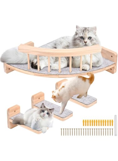 Angju Wall Mounted Cat Hammock Cat Wall Shelves with 3 Steps, Cat Wall Shelf and Steps with Plush Covered,Solid Wood Cat Wall Furniture Cat Climbing Shelf for Climbing Sleeping Playing