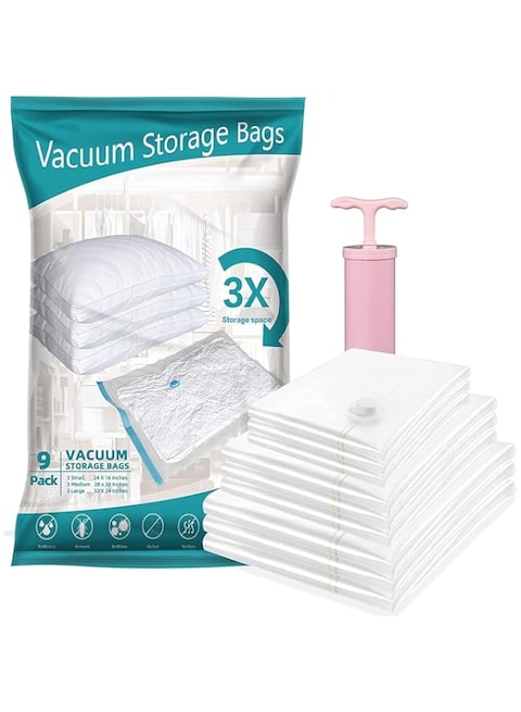 VIVIDRAW Vacuum Storage Bags 9 pcs (3 x Jumbo, 3 x Large, 3 x Medium) for Comforters Blankets Clothes Pillows Travel Space Saver Seal Bag Hand Pump Included（9pack）