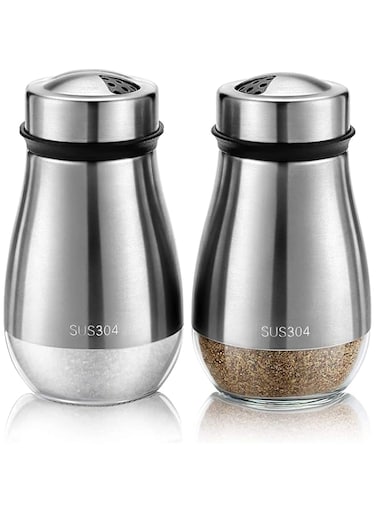 Khazna Salt and Pepper Shakers Set - Salt Shaker with Adjustable Pour Holes - 304 Stainless Steel Glass Spice Dispenser Refillable Perfect for Black Pepper, Kosher, and Sea Salts - Seasoning 2 Pcs