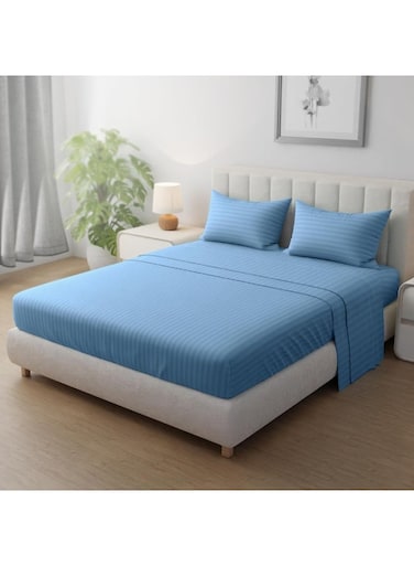 Linen Klub Striped Microfiber Fitted Sheet Set - Super King (200 x 200 cm) + 2 Pillowcases (50 x 75 cm), Premium Durable Quality and Deep Pocket for a Perfect Fit, Metallic Blue