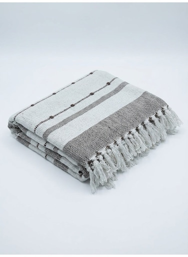 130 x 160 cm Premium Cotton Throw Blanket in Mocha Brown Stripes, Soft 400GSM Boho Fringed Tassel Cover for Sofa Couch Bed Room Decor and Travel