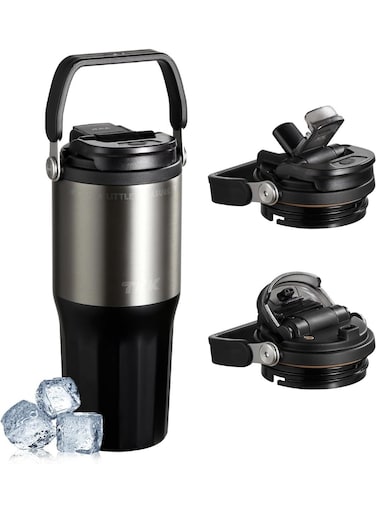 24 oz Ceramic Coated Tumbler with Straw Lid, 18/10 Stainless Steel Vacuum Tumblers, Leakproof Double Walled Iced Car Cup with Handle &amp; Tea Infuser&amp; Dishwasher Safe, for Hot &amp; Cold Drinks, Black
