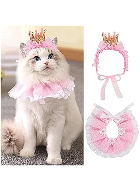MOTIM Cat Collar Cat Bandana for Cats, Princess Cat Costumes for Cats, Cute Lace Dog Bandanas and Cat Crown Accessories for Cats Small Dogs, Pink Outfit for Birthday Party