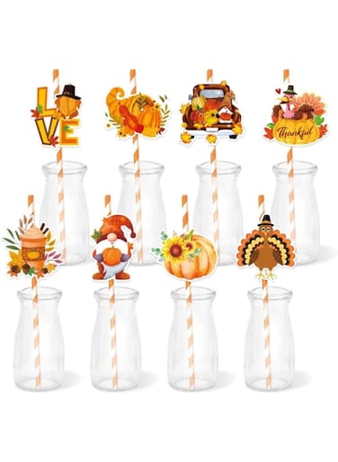Maytusai Thanksgiving Paper Straws, 16 Pieces Thanksgiving Striped Paper Straws, Fall Leaf, Turkey, Pumpkin Designs Thanksgiving Disposable Drinking Decorations