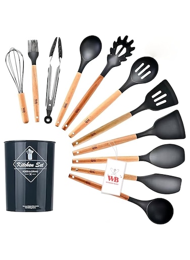 WONDER-BLED 11Pcs Silicone Kitchen Cooking Utensils Set, Heat-Resistant Wooden Utensils/Premium Handles for Cooking &amp; Baking, Non-Stick Kitchen Gadgets Cookware Kit for Gift and Daily Use - Gray