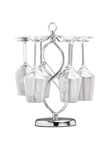 Silver metal tabletop wine glass rack with scrollwork design, freestanding desktop wine glass organizer.