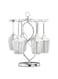 Silver metal tabletop wine glass rack with scrollwork design, freestanding desktop wine glass organizer.