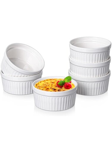 Delling Ramekins 4 Oz Oven Safe/Dessert/Ice cream/Dipping Soy Sauce/Snacks Bowls, Small Ceramic Creme Brulee Dishes for Baking, Souffle, Pudding, White Set of 6