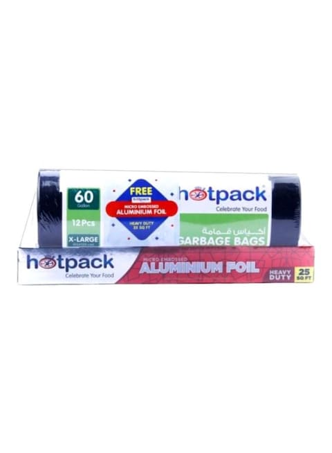 Pack of 12-Piece Heavy Duty Garbage Roll Black X-Large 95x120cm 60 Gallon+Embossed Aluminium Foil 25sqft Black 95x120cm