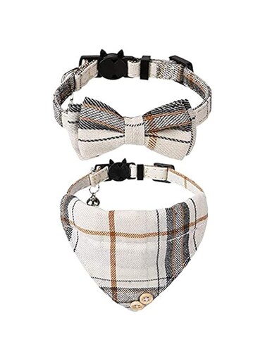 DAYONG Breakaway Cat Collar with Bells,2 Pack Bow Tie Cat Collar Bandana,Accessories for Pet Collars, Adjustable for Cats and Small Dogs (Beige Bow+Bandana)