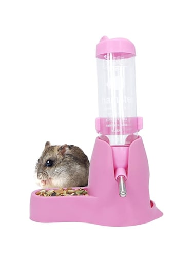 Wontee 3 in 1 Hamster Hanging Water Bottle Pet Auto Dispenser with Base for Dwarf Hamster Mouse Rat Hedgehog (125ML, Pink)
