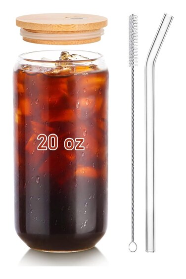 20oz Glass Cup with Bamboo Lid &amp; Glass Straw &acirc;&euro;&ldquo; 1 Pack Can Shaped Drinking Glass for Coffee, Tea, Juice, Iced Drinks
