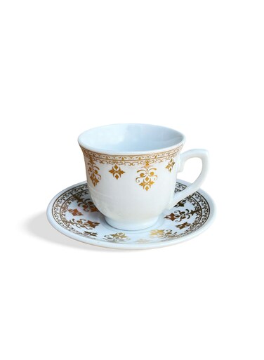 Elegance Ceramic Coffee Cup &amp; Saucer Set - 6 Pieces, Classic Design with Golden Patterns, 80 ml Capacity, Premium Porcelain for Arabic Tea &amp; Cawa
