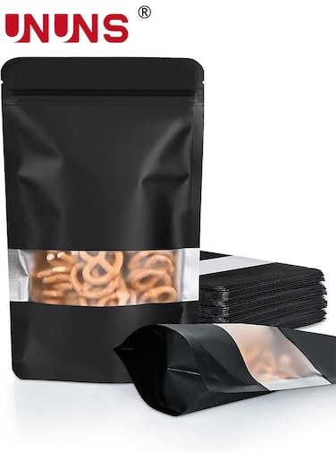 50Pcs Reusable Stand Up Bags,Kraft Paper Bags With Window,Zip Lock Food Storage Bags For Packaging Products,Sealable,15x22cm
