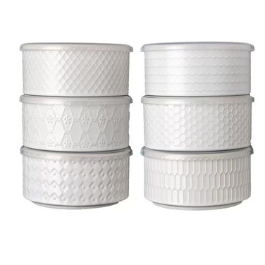 Signature Housewares 473ml Stoneware Bowls With Lids, Pack Of 6 - White (6 Individual Patterned Bowls)